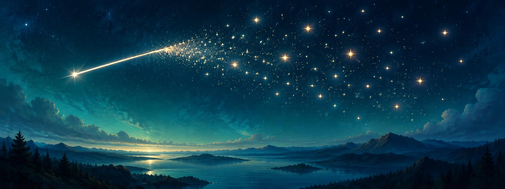 A shooting star scattering into a sky full of stars